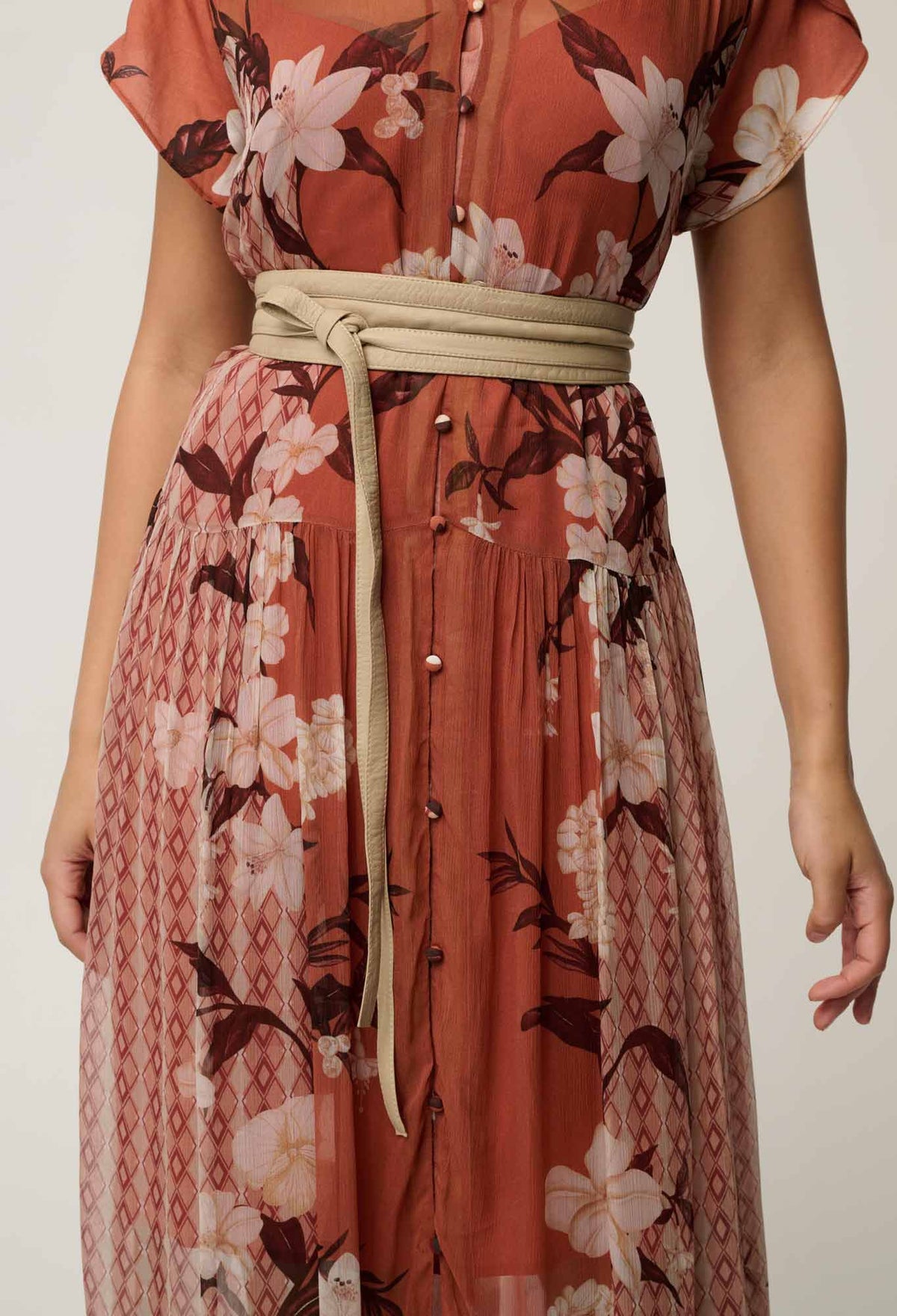 Close-up of the collar and Amber Vine print on the OnceWas Perla dress