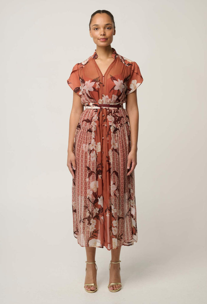 OnceWas Perla sheer viscose print dress in Amber Vine, front view