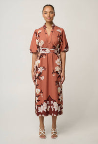OnceWas Gisela column midi dress in Amber Vine print, front view