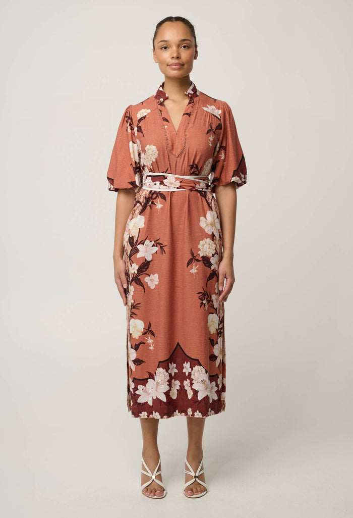 OnceWas Gisela column midi dress in Amber Vine print, front view