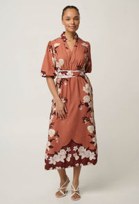 OnceWas Gisela midi dress in Amber Vine, full-length movement shot
