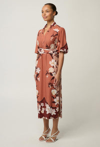 OnceWas Gisela midi dress in Amber Vine, side view showing the split