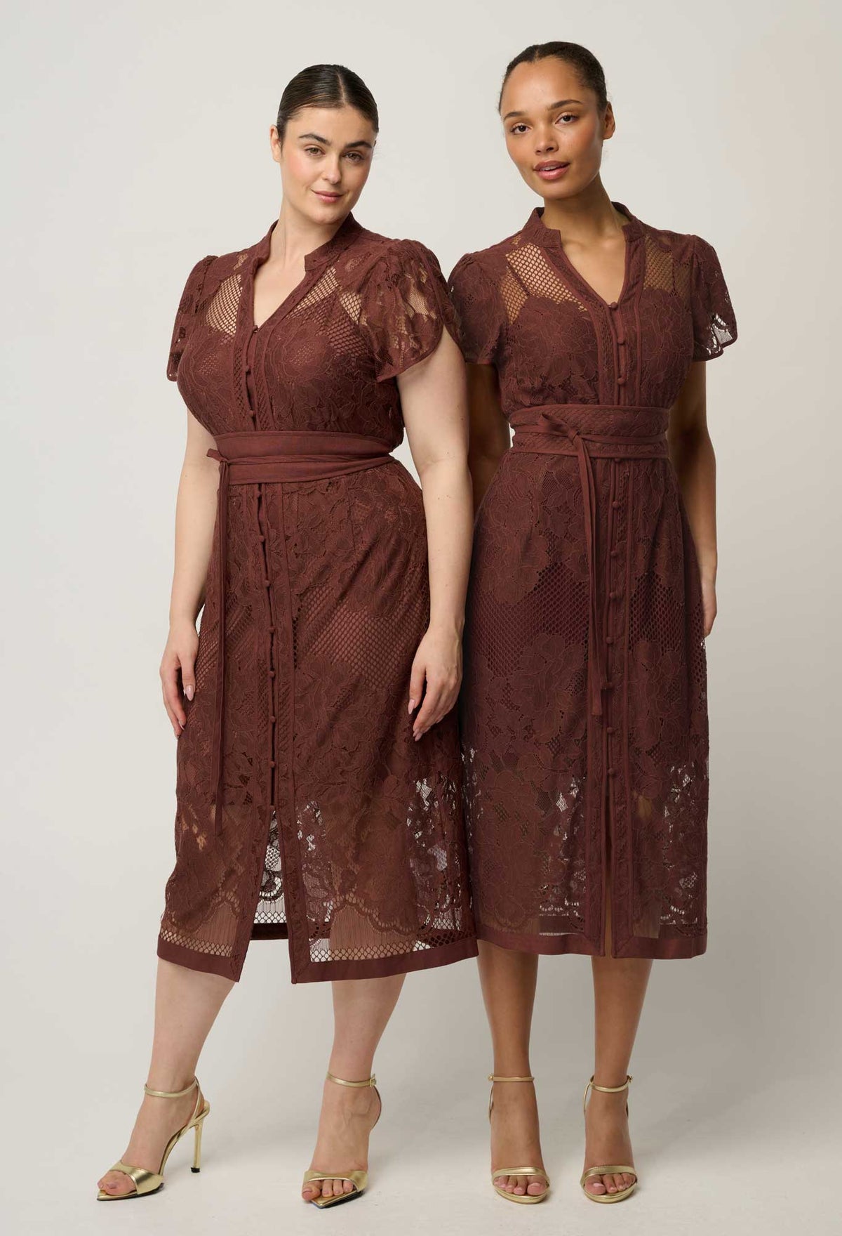 OnceWas Solene Rosewood lace dress styled alongside the matching Solene bomber
