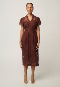 OnceWas Solene lace dress in Rosewood, front view showing cap sleeves and button detail