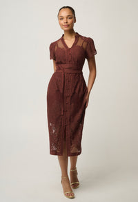 OnceWas Solene lace dress in Rosewood shown in movement