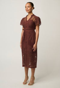 OnceWas Solene lace dress in Rosewood, side view showing the straight midi skirt