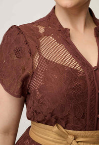 Close-up of the placement lace on the OnceWas Solene dress in Rosewood