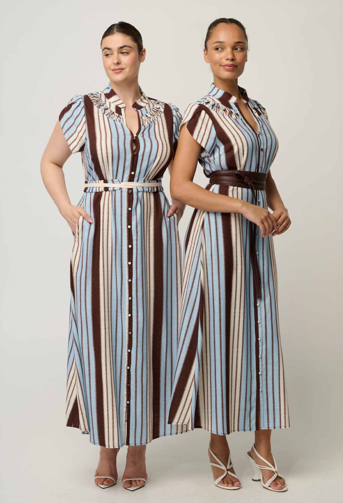 OnceWas Cattleya Iridescent Stripe maxi dress styled with other Innerbloom pieces
