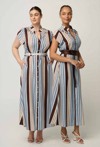 OnceWas Cattleya Iridescent Stripe maxi dress styled with other Innerbloom pieces