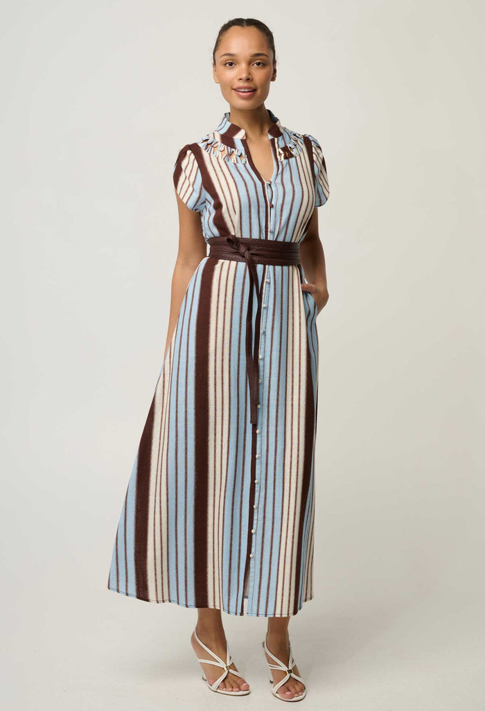 OnceWas Cattleya maxi dress in Iridescent Stripe, full-length front view