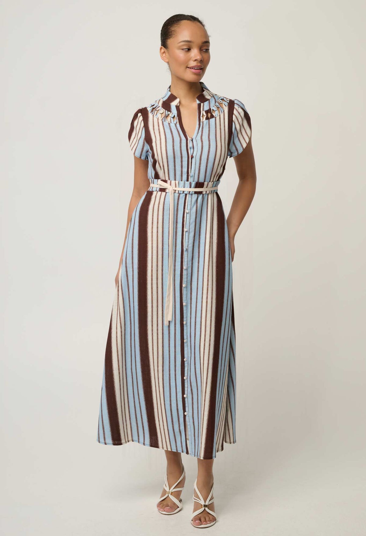 OnceWas Cattleya maxi dress in Iridescent Stripe shown in movement