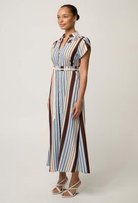OnceWas Cattleya maxi dress in Iridescent Stripe, side view showing the A-line skirt