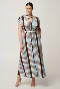 OnceWas Cattleya Iridescent Stripe maxi dress worn with the belt