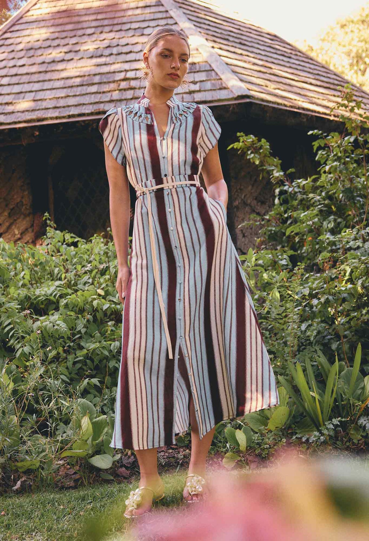 OnceWas Cattleya smock maxi dress in the Iridescent Stripe print