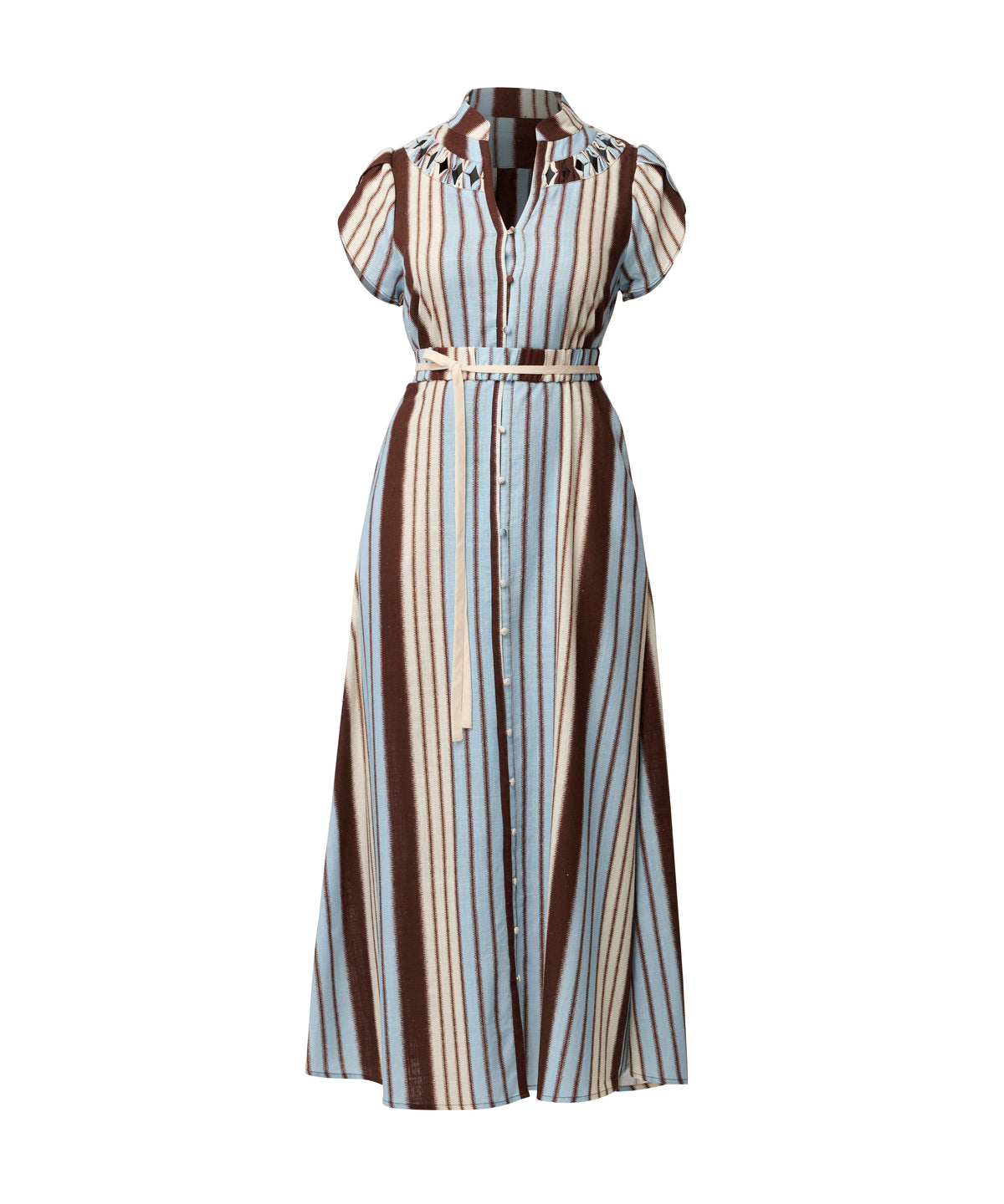 OnceWas Cattleya linen-viscose smock maxi dress in Iridescent Stripe, styled view