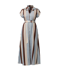 OnceWas Cattleya linen-viscose smock maxi dress in Iridescent Stripe, styled view