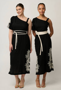 OnceWas Elodie One Shoulder Embroidery Dress in Black