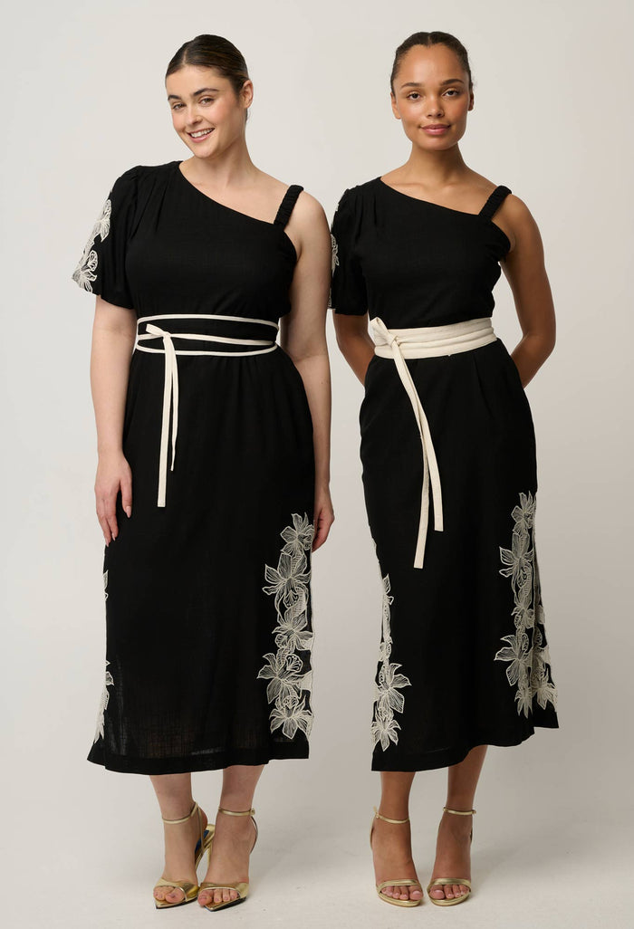 OnceWas Elodie One Shoulder Embroidery Dress in Black