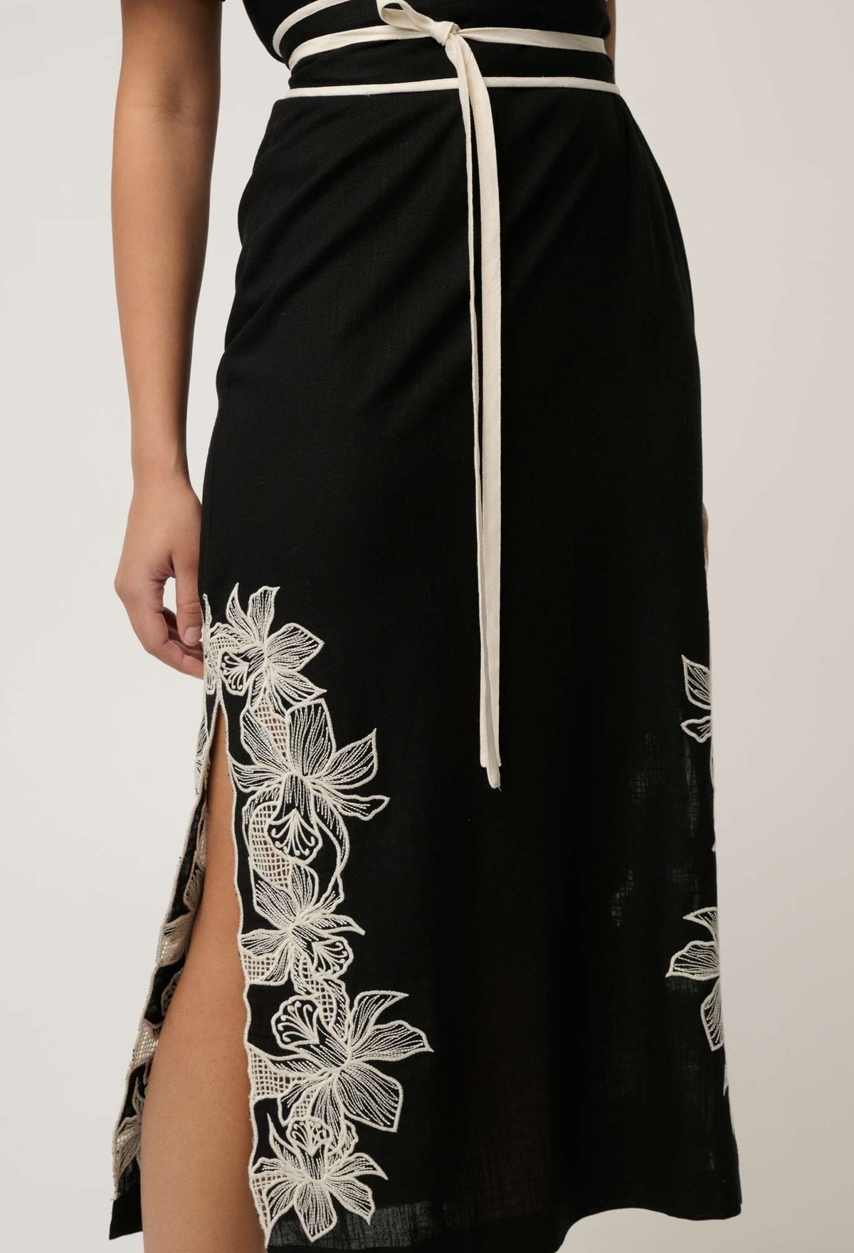 OnceWas Elodie One Shoulder Embroidery Dress in Black