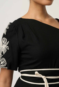 OnceWas Elodie One Shoulder Embroidery Dress in Black
