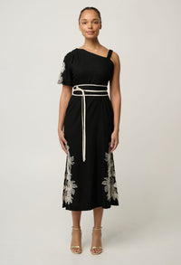 OnceWas Elodie One Shoulder Embroidery Dress in Black