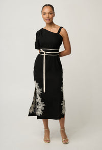 OnceWas Elodie One Shoulder Embroidery Dress in Black