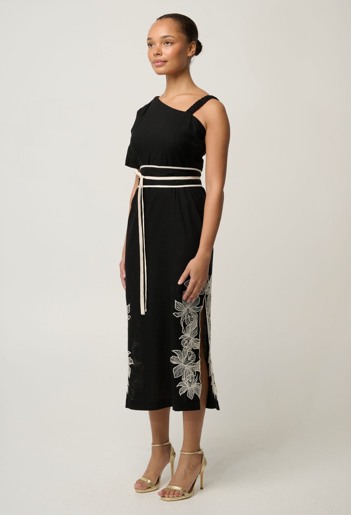 OnceWas Elodie One Shoulder Embroidery Dress in Black
