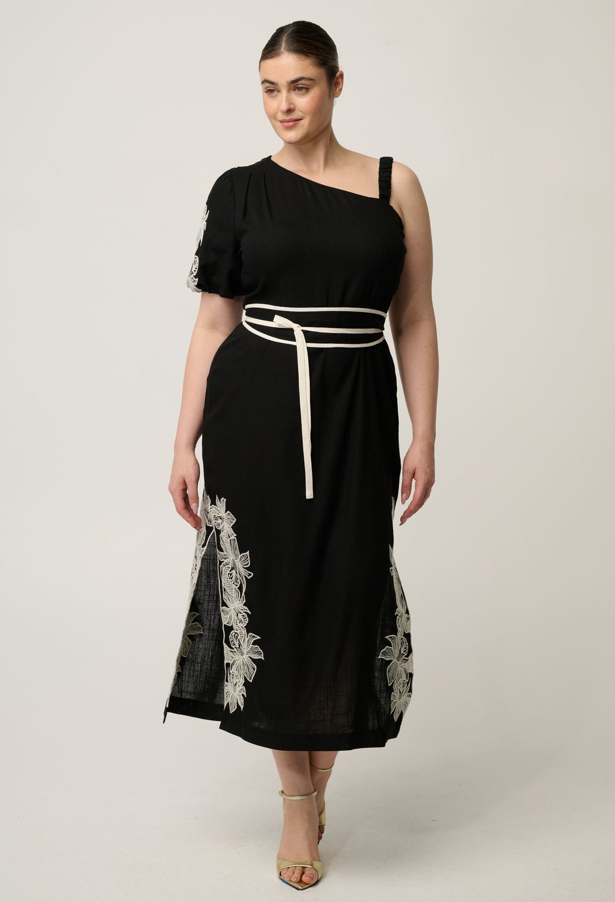 OnceWas Elodie One Shoulder Embroidery Dress in Black