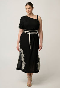 OnceWas Elodie One Shoulder Embroidery Dress in Black