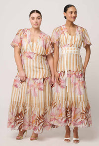 Once Was Clea Tiered Dress Golden Promenade - shown on two models