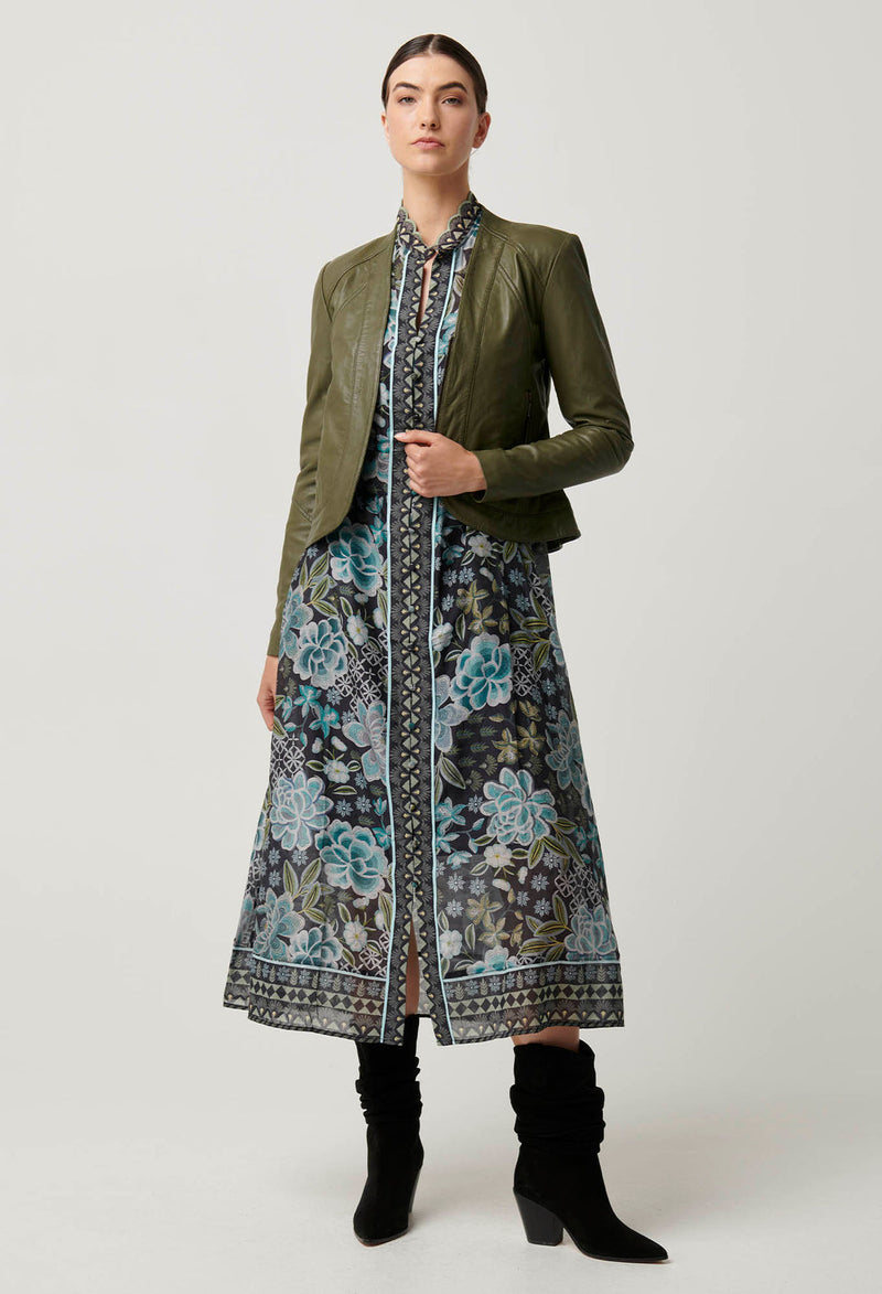 Once Was - Nova Curved Leather Jacket in Moss Green