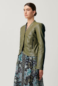 Once Was - Nova Curved Leather Jacket in Moss Green