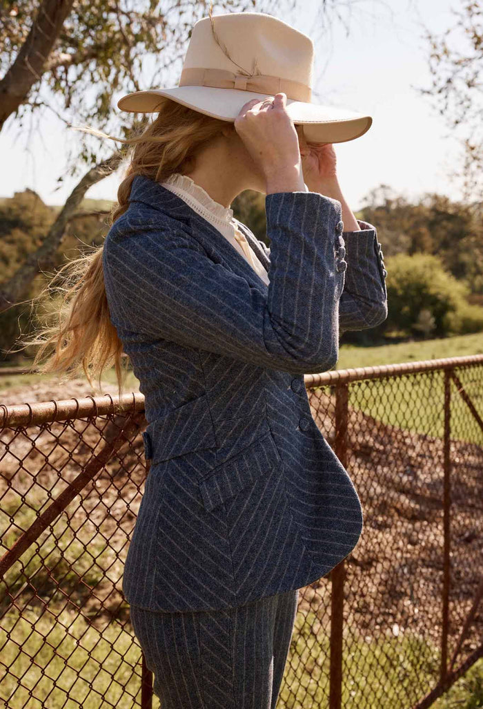 Once Was - Oaklyn Chevron Stripe Panelled Blazer in Bluestone