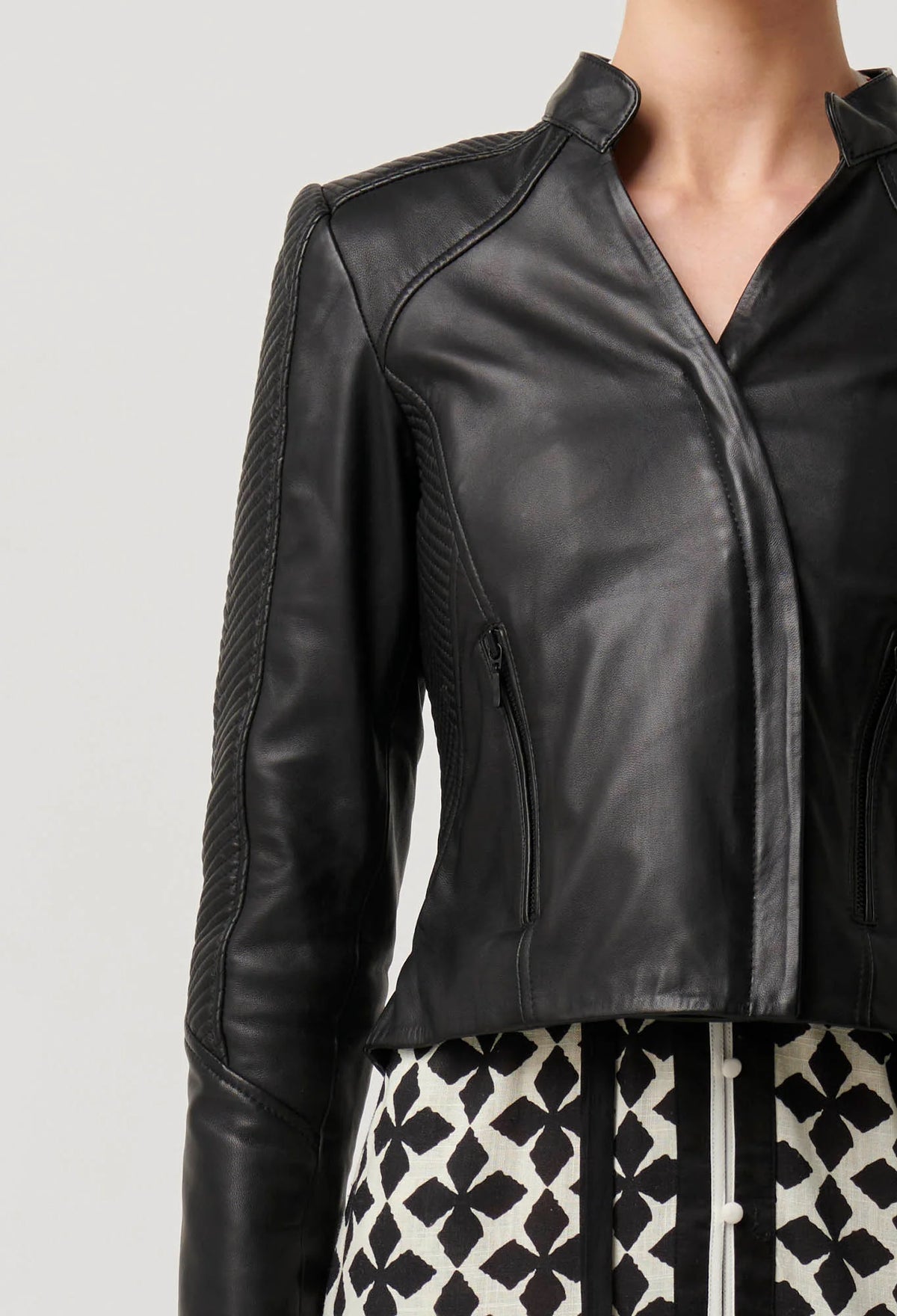 Once Was - Blaire Leather Herringbone Stitch Jacket in Black