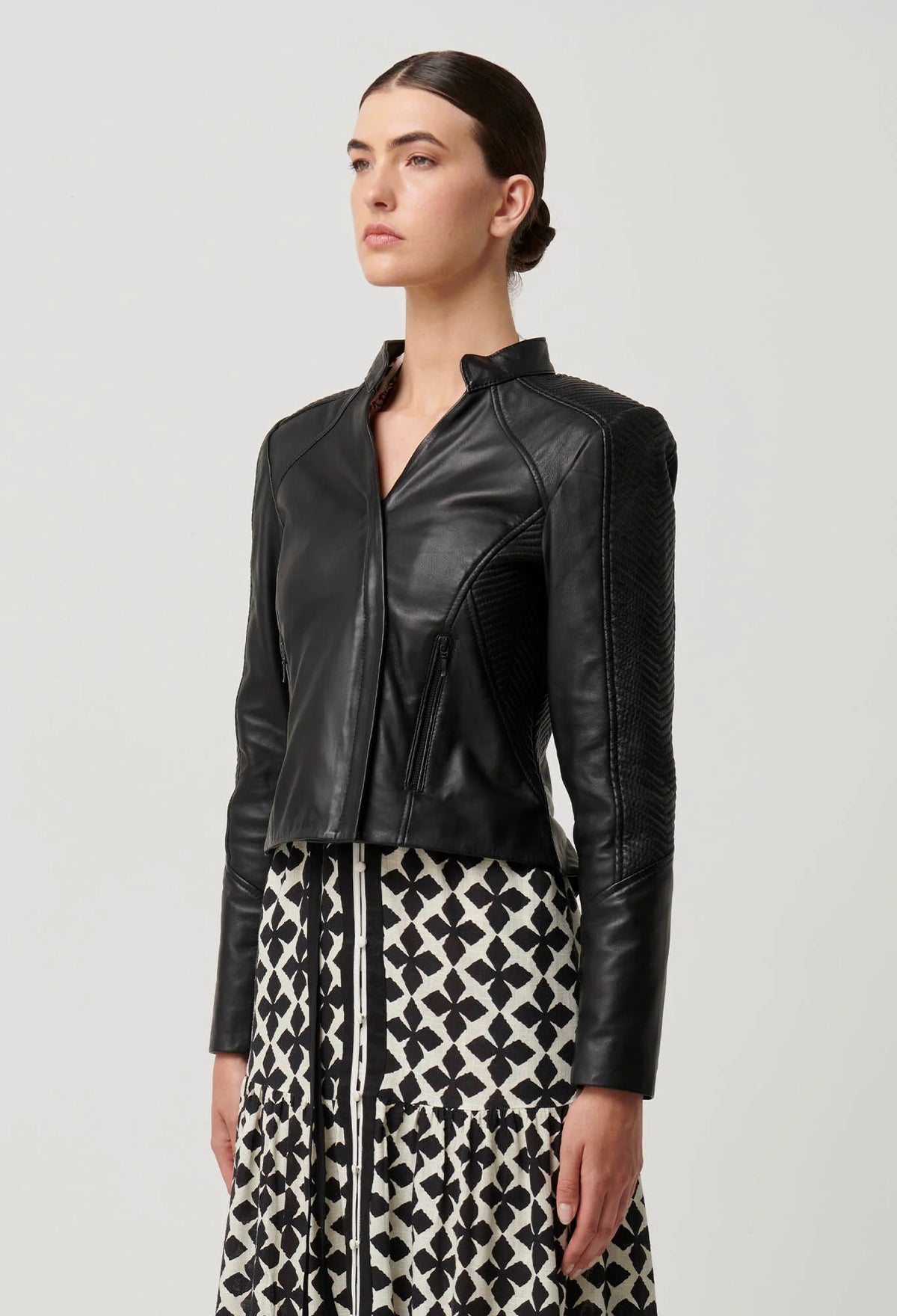 Once Was - Blaire Leather Herringbone Stitch Jacket in Black