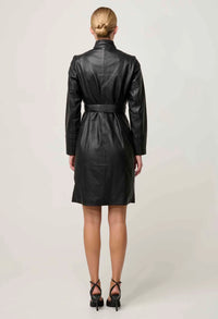 Once Was - Leighton Leather Herringbone Double Breasted Coat - Onyx