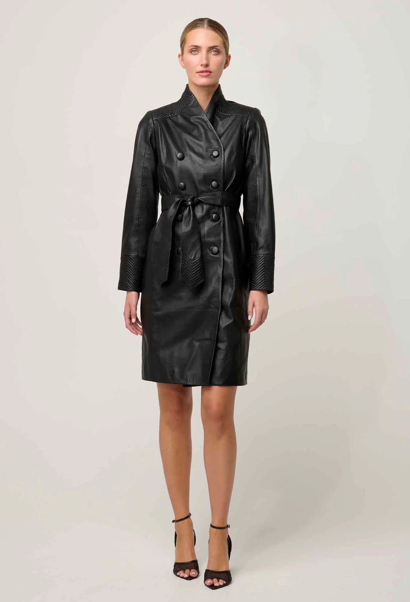 Once Was - Leighton Leather Herringbone Double Breasted Coat - Onyx
