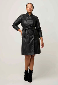 Once Was - Leighton Leather Herringbone Double Breasted Coat - Onyx