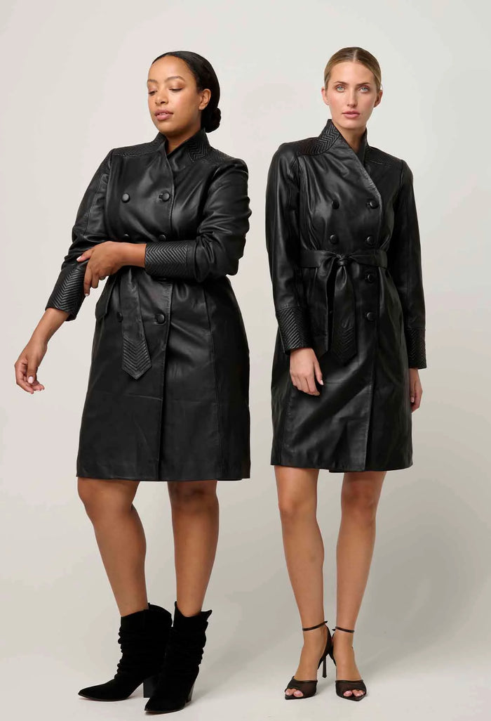 Once Was - Leighton Leather Herringbone Double Breasted Coat - Onyx