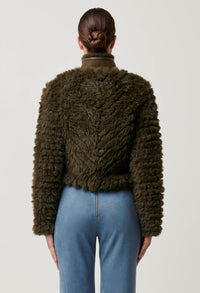 Once Was - Sybil Chevron Faux Fur Rib Collar Bomber in Moss Green