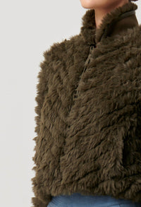 Once Was - Sybil Chevron Faux Fur Rib Collar Bomber in Moss Green