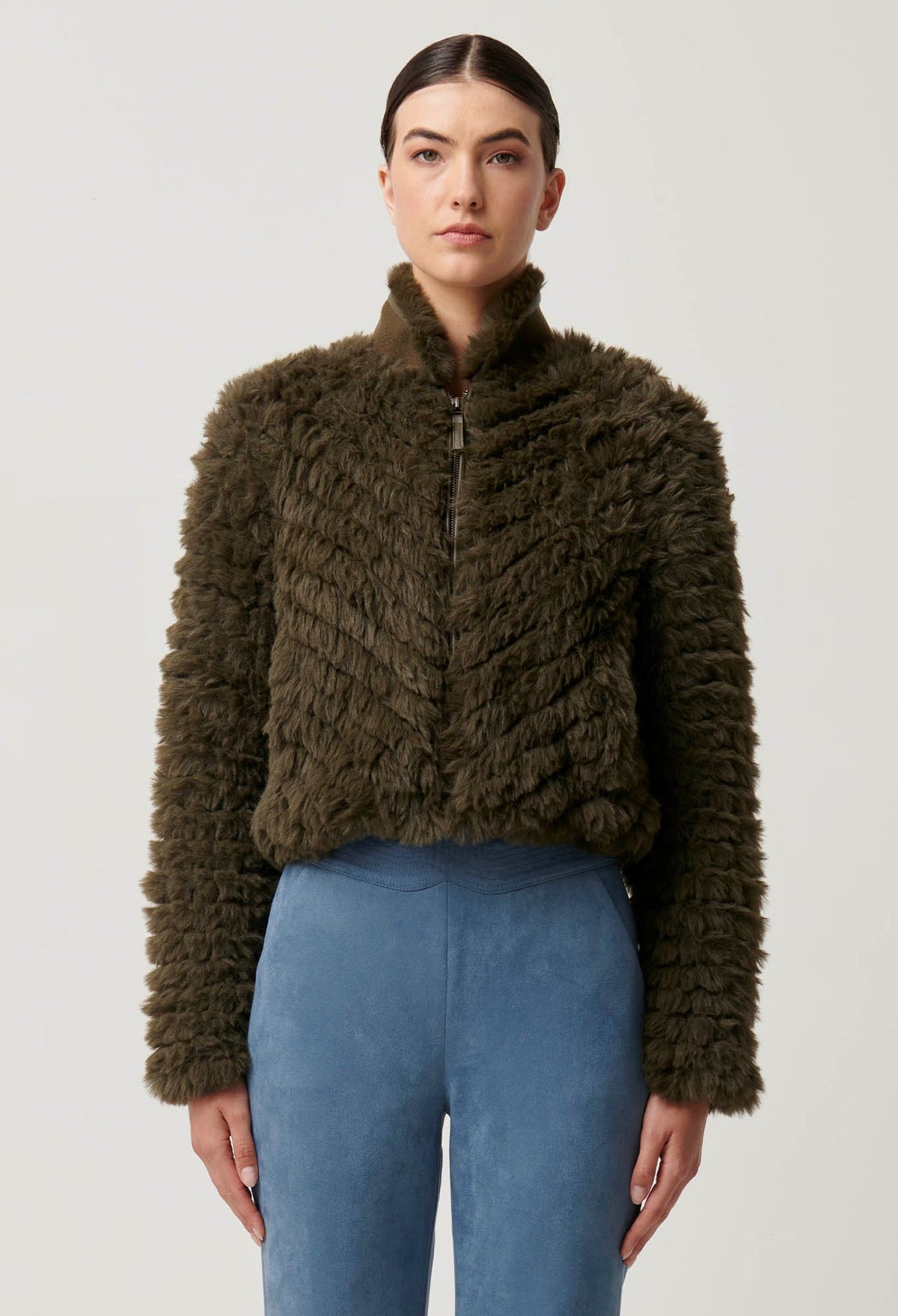 Once Was - Sybil Chevron Faux Fur Rib Collar Bomber in Moss Green
