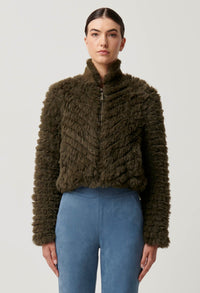Once Was - Sybil Chevron Faux Fur Rib Collar Bomber in Moss Green