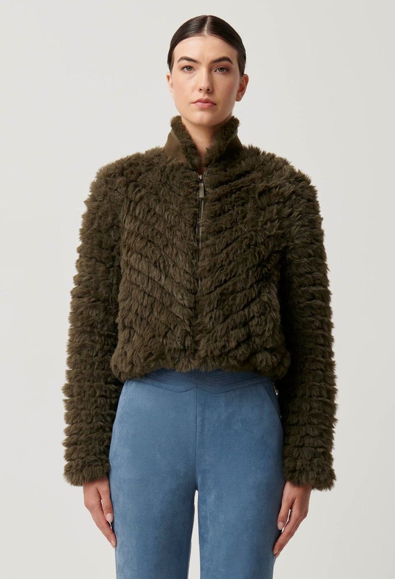 Once Was - Sybil Chevron Faux Fur Rib Collar Bomber in Moss Green
