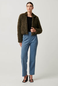 Once Was - Sybil Chevron Faux Fur Rib Collar Bomber in Moss Green