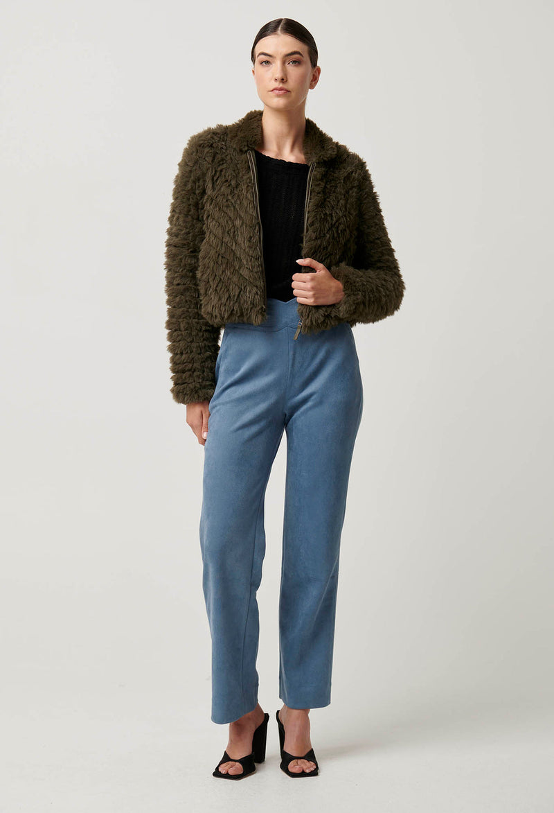 Once Was - Sybil Chevron Faux Fur Rib Collar Bomber in Moss Green