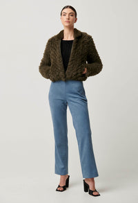 Once Was - Sybil Chevron Faux Fur Rib Collar Bomber in Moss Green
