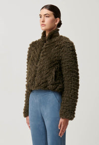Once Was - Sybil Chevron Faux Fur Rib Collar Bomber in Moss Green