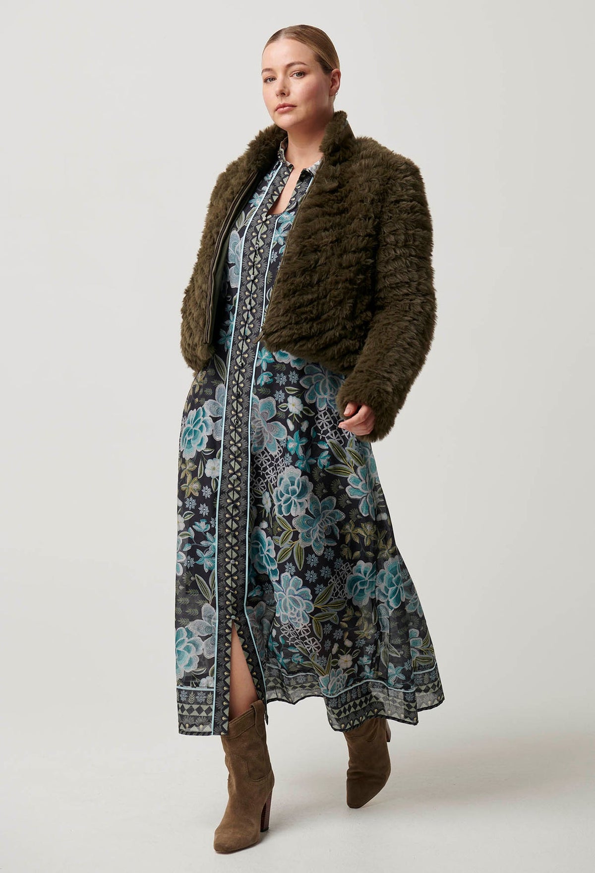 Once Was - Sybil Chevron Faux Fur Rib Collar Bomber in Moss Green