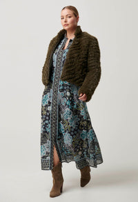 Once Was - Sybil Chevron Faux Fur Rib Collar Bomber in Moss Green